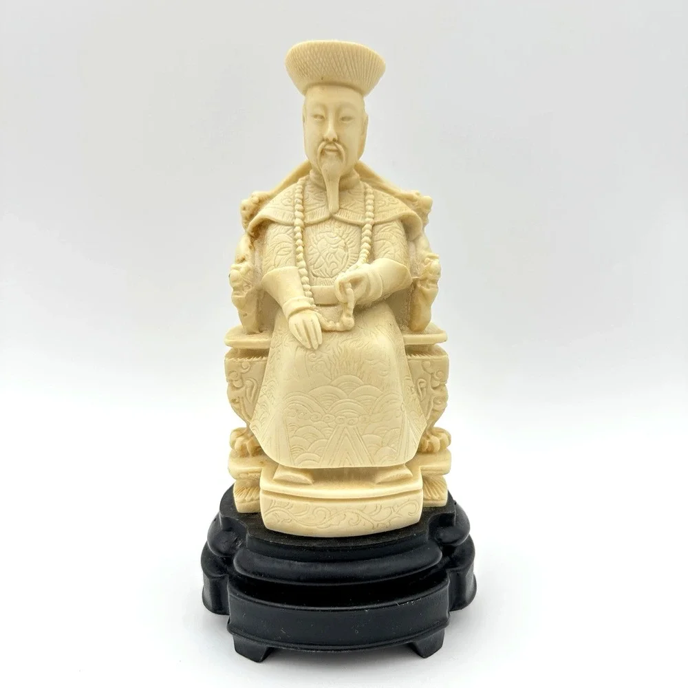 Vintage Norleans Chinese‎ Emperor Figurine Cream Resin Statue Wood Base Italy